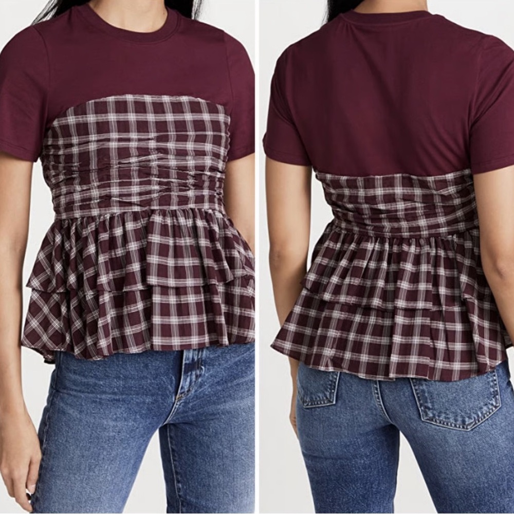 CINQ À SEPT Vica Mix Media Top Plaid Maroon Size Small